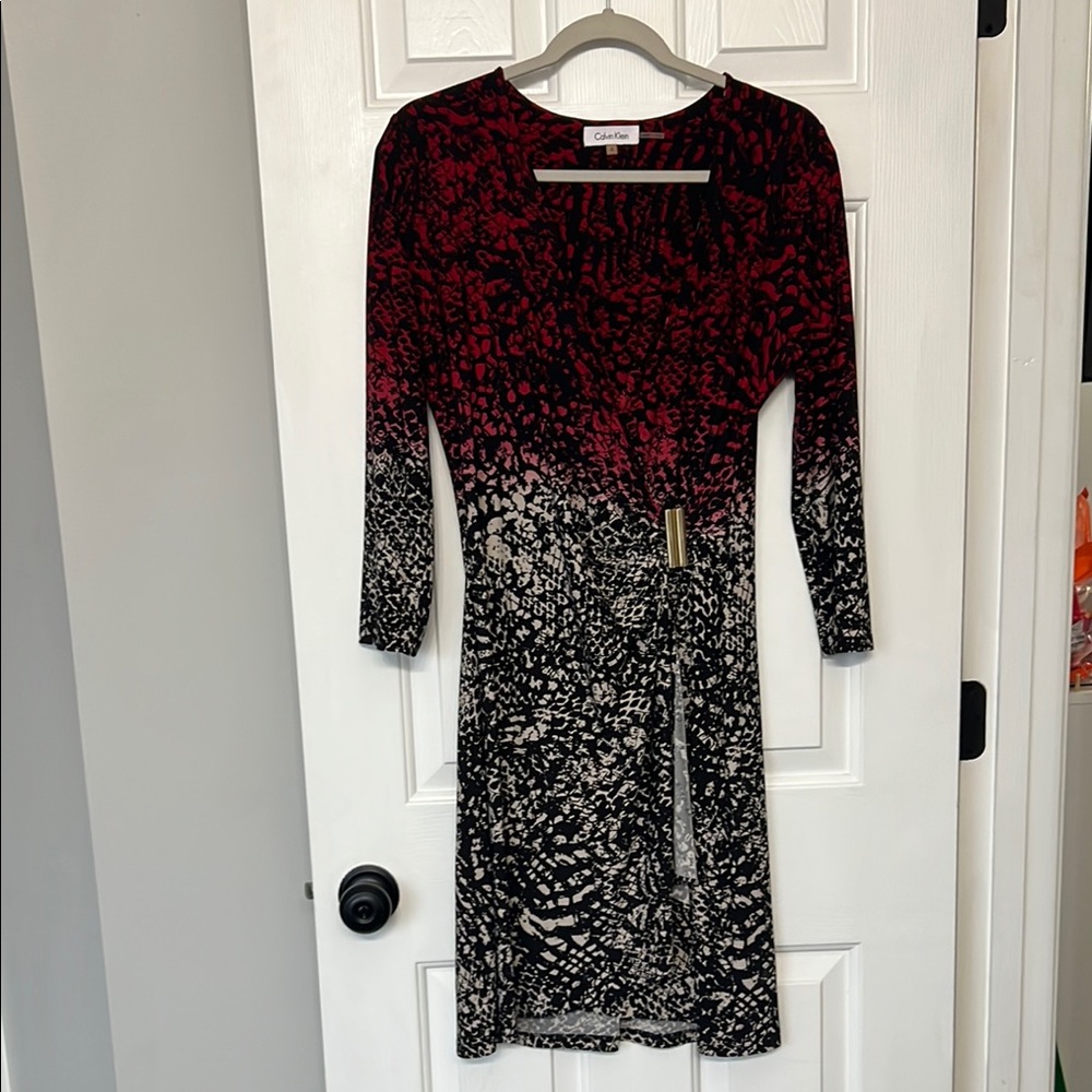 Calvin Klein Red and Black 3/4 Sleeve Wrap Dress